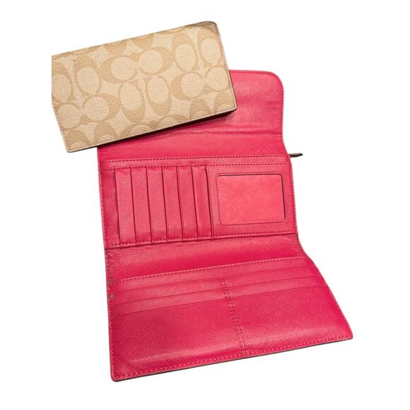 Coach Signature Coated Canvas Full Size PVC Checkbook Wallet Khaki / Pink Ruby - Picture 2 of 10